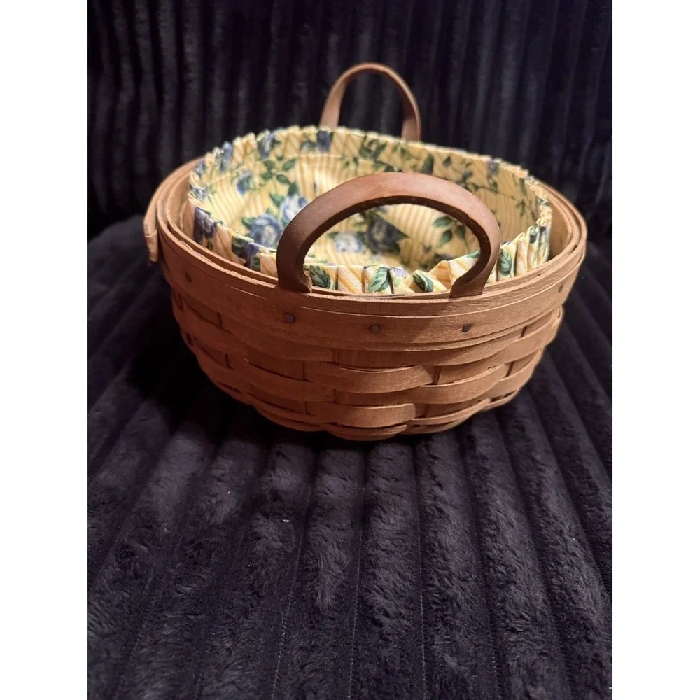 LongabergerBasket with Floral Liner Leather Handles‎ Vintage 1986 Signed